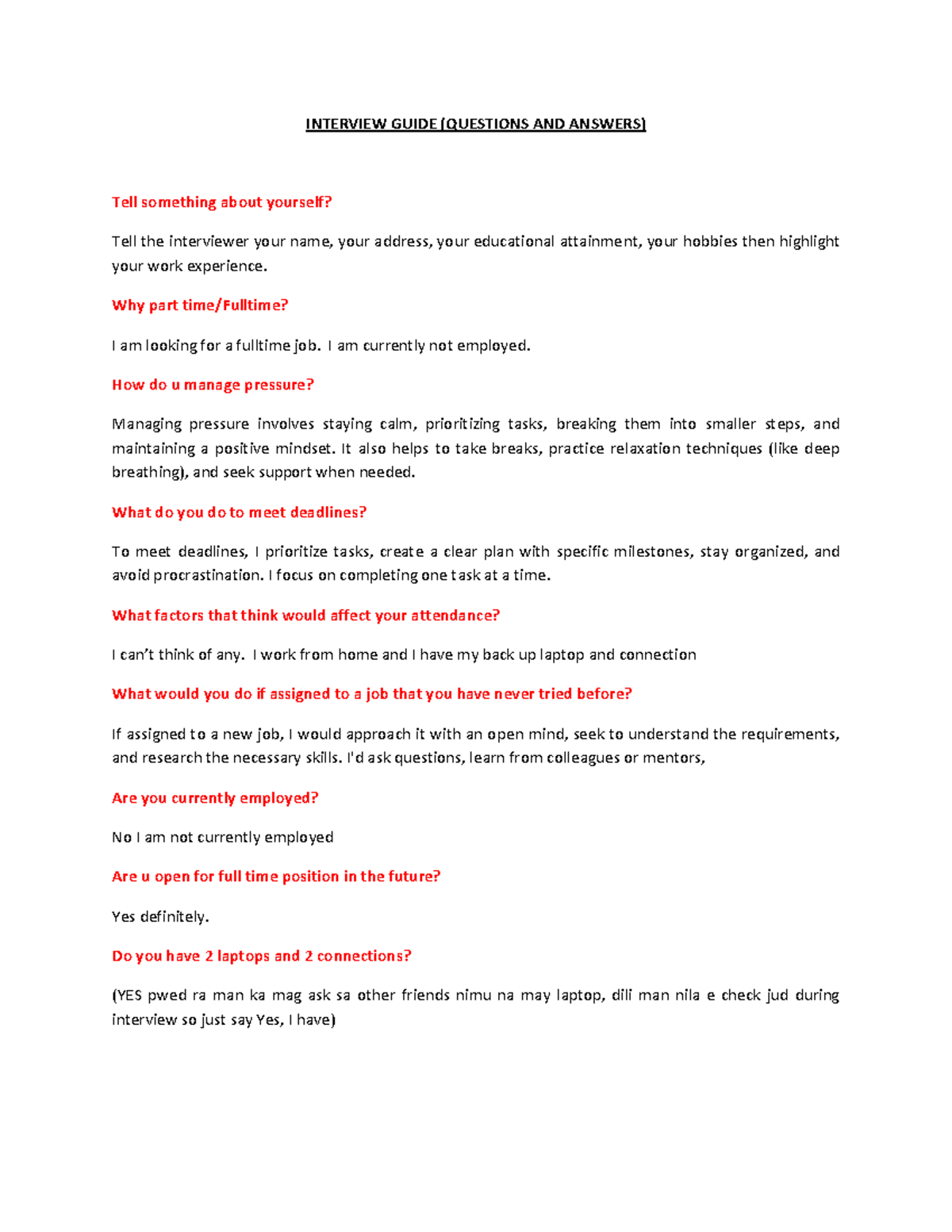 Interview Guide - INTERVIEW GUIDE (QUESTIONS AND ANSWERS) Tell ...