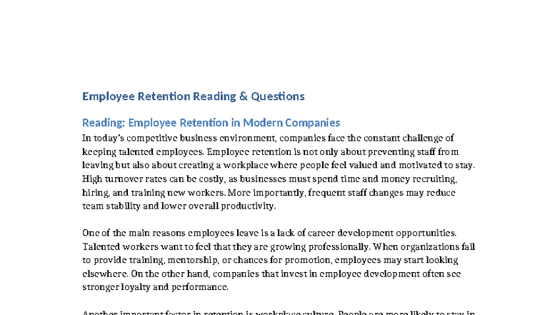 Employee Retention Reading Questions - Unit 1 Practice - Studocu