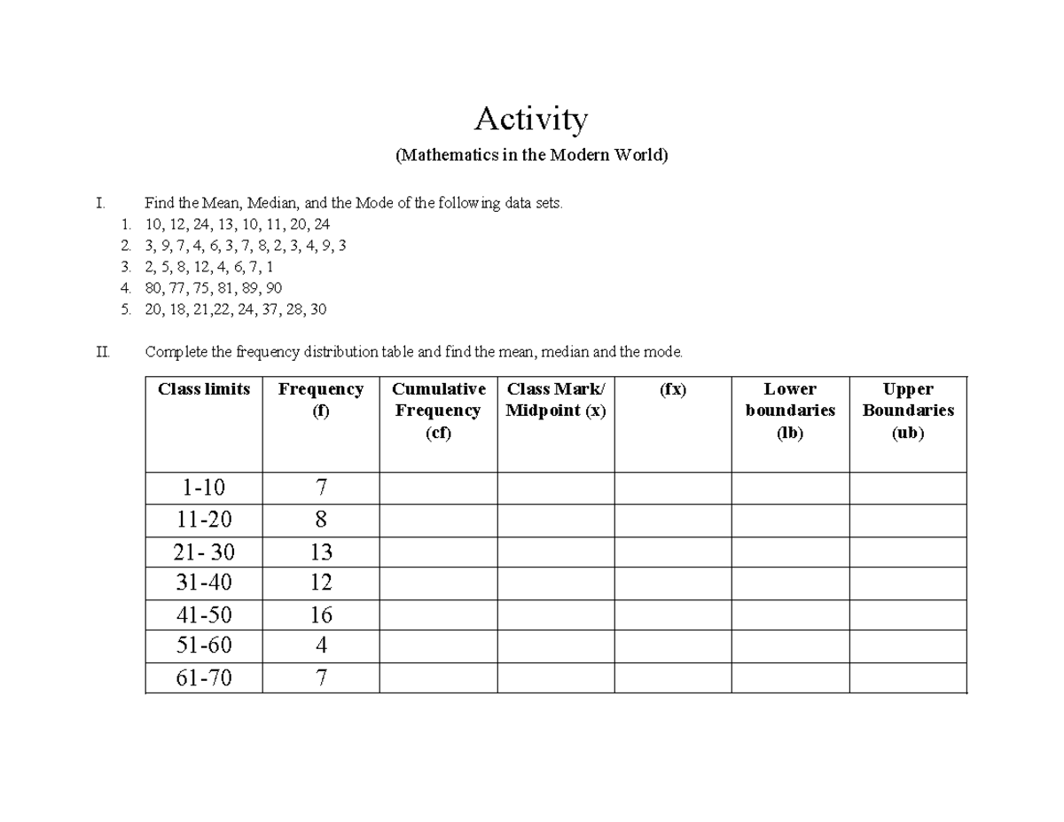 Activity - kaya mo yan pre - Activity (Mathematics in the Modern World ...