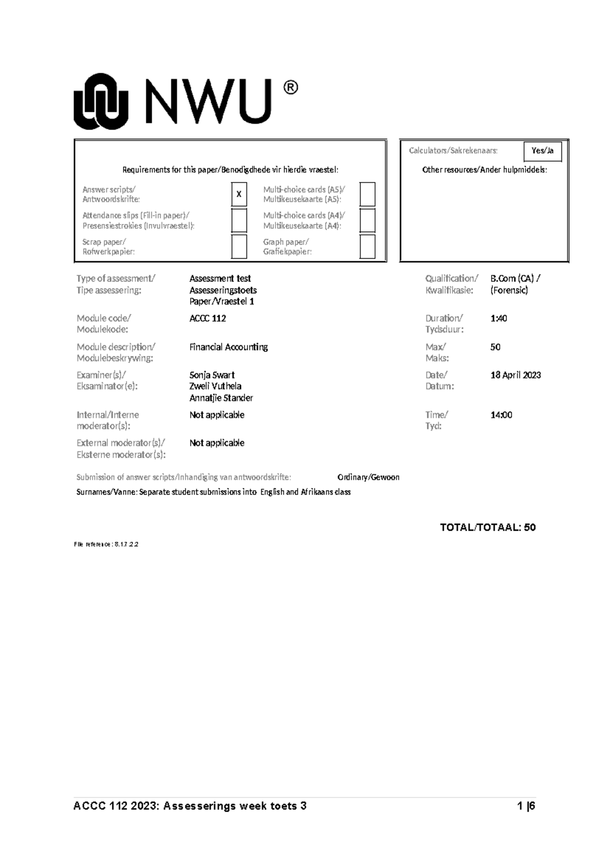 ACCC 112 2023: Financial Accounting Assessment Test 3 Guidelines - Studocu