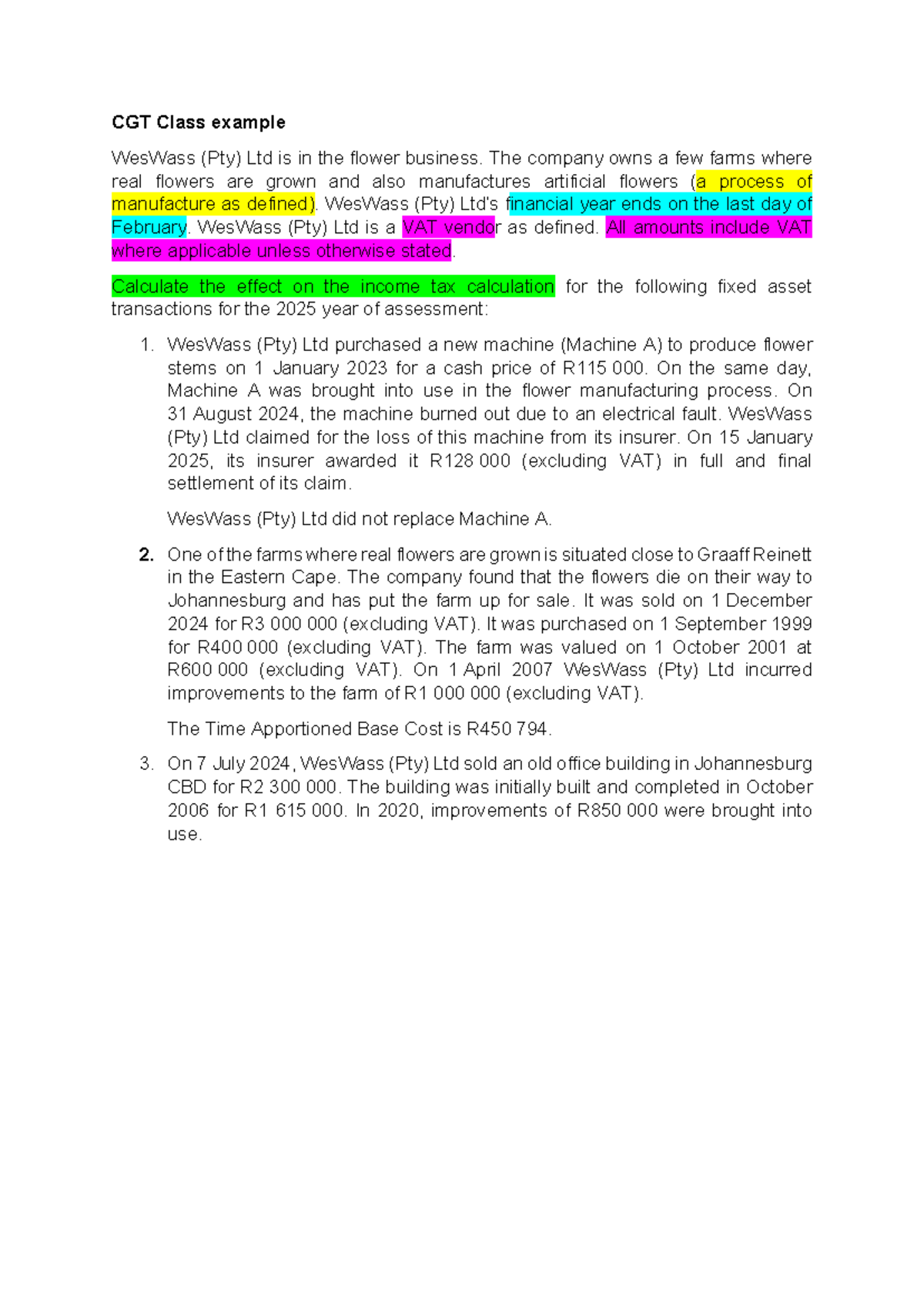 CGT Class Example: Capital Gains Tax Practice Material - Studocu