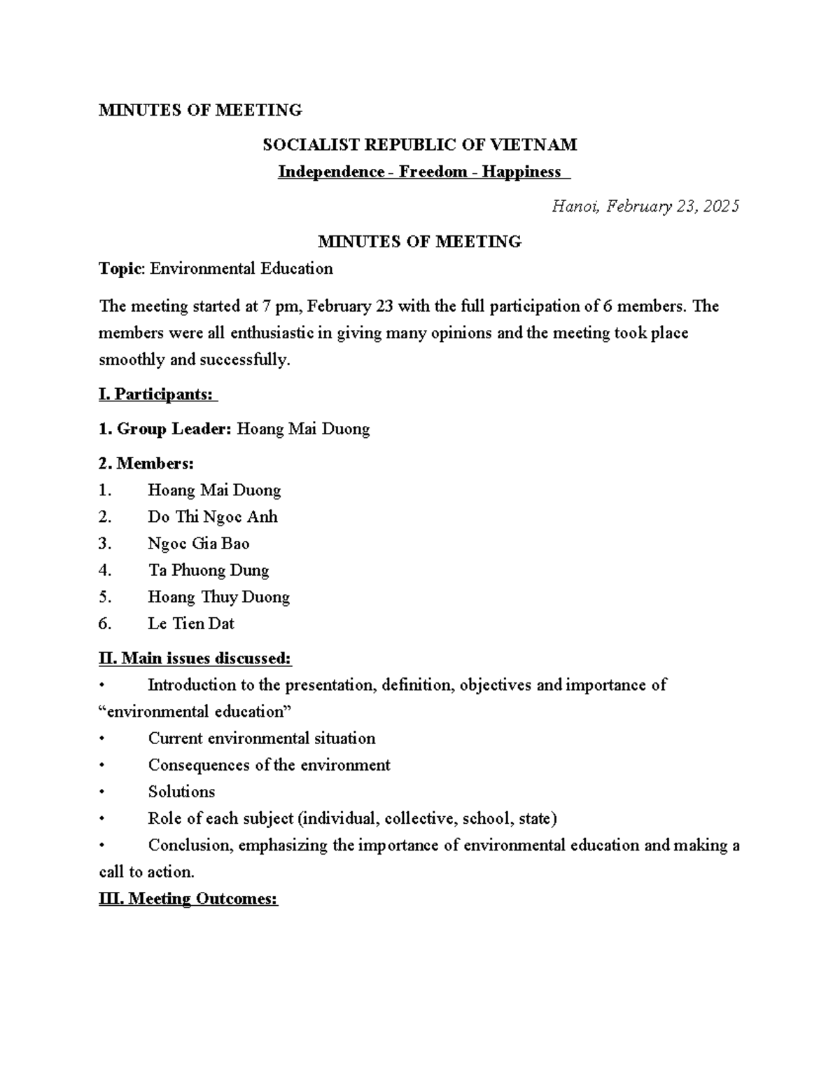 MINUTES OF MEETING: Environmental Education Discussion - Feb 23, 2025 ...