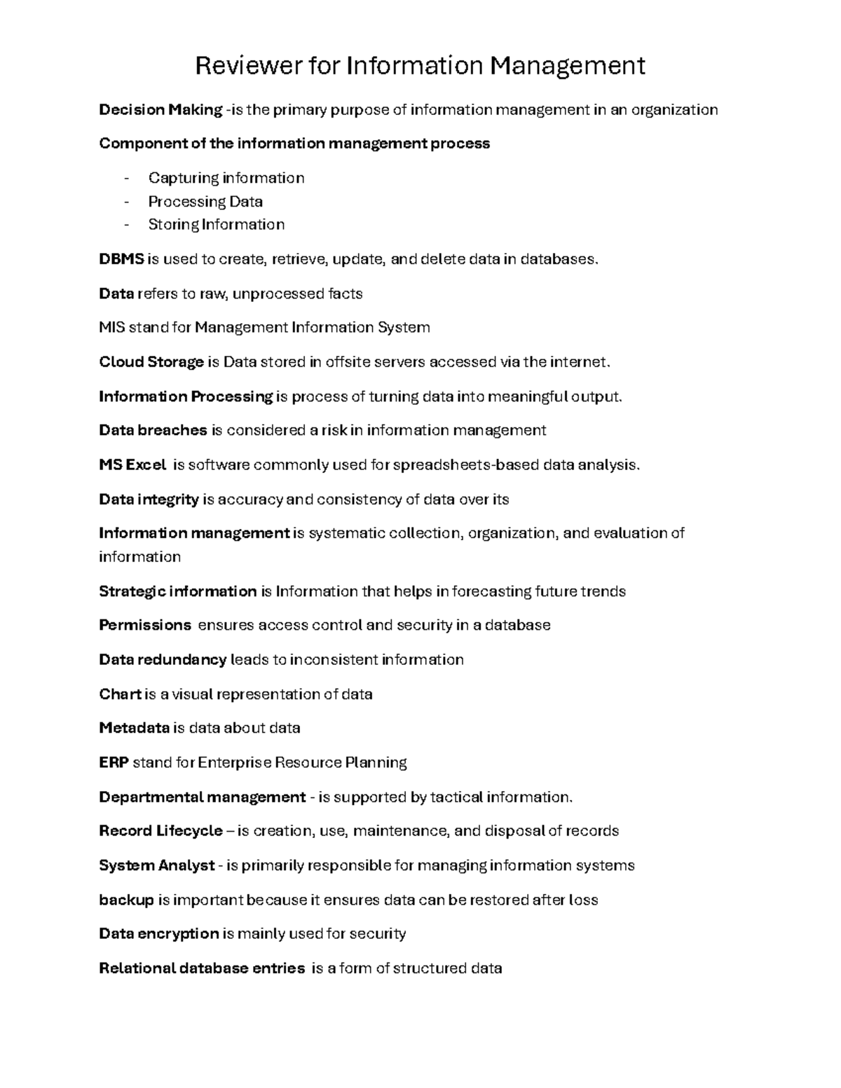 Reviewer for Information Management Semi-Final Exam Notes - Studocu