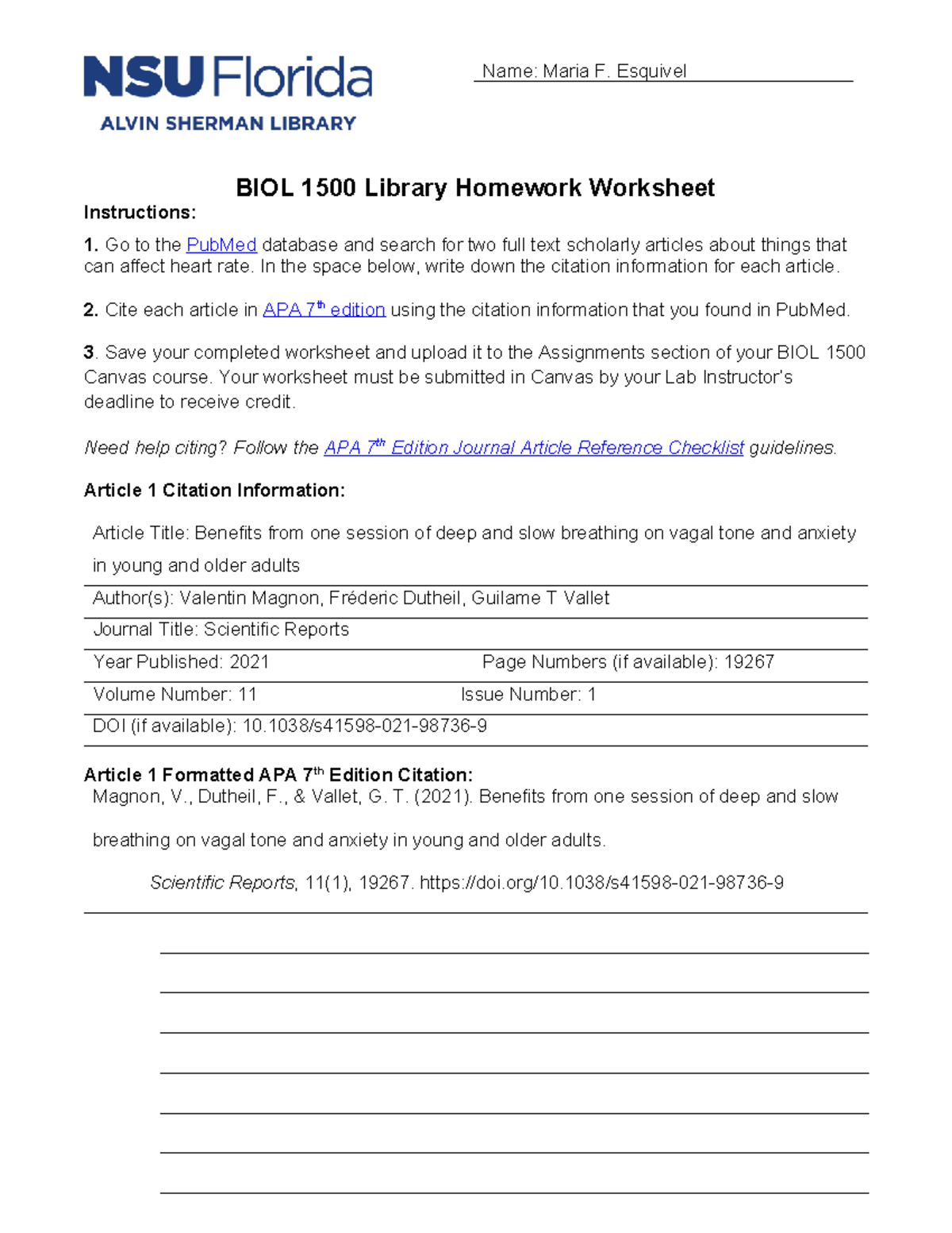 BIOL 1500 Library Worksheet - Heart Rate Scholarly Articles 2024-2025 ...