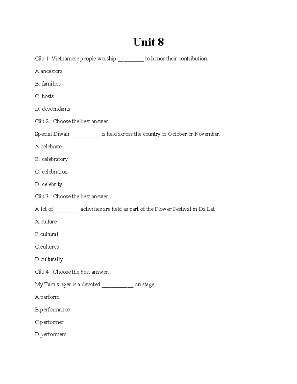 Unit 8 - Exercises for English 7: Vocabulary and Grammar Practice - Studocu