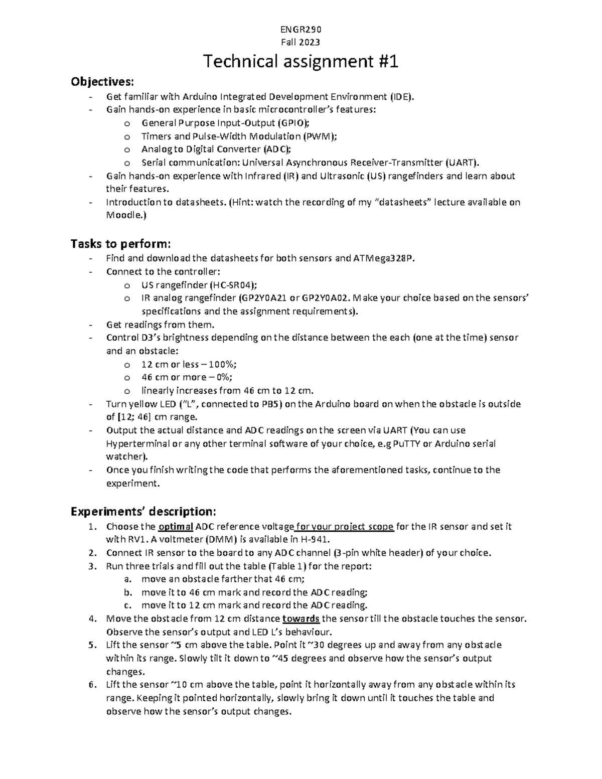 ENGR290 Technical Assignment #1: Arduino Basics with IR & US Sensors ...