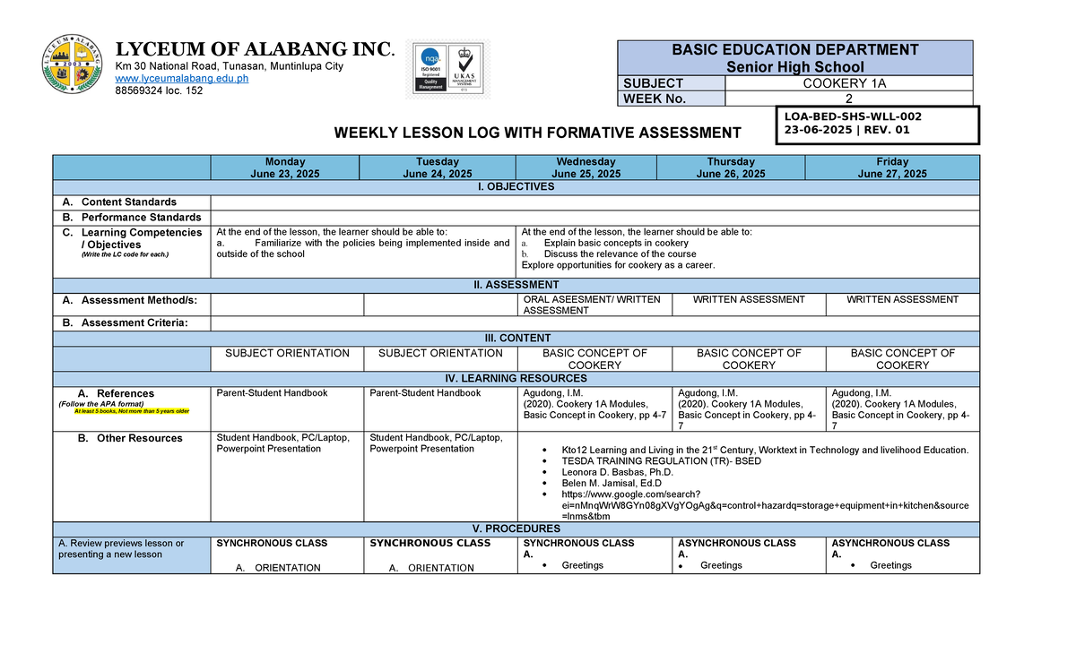 COOKERY 1A 2 WEEKLY LESSON LOG (WLL) JUNE 23-27, 2025 - Studocu