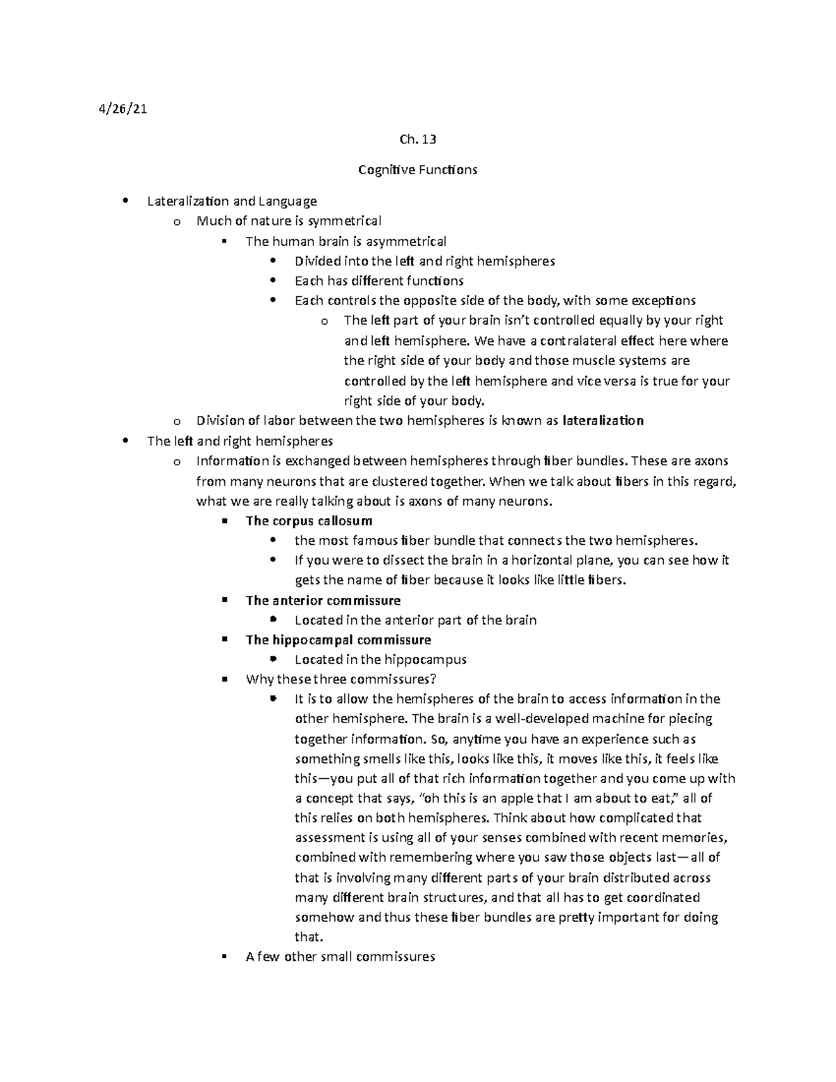 Biopsych 101 - Ch. 13 Lecture Notes on Cognitive Functions and Language ...