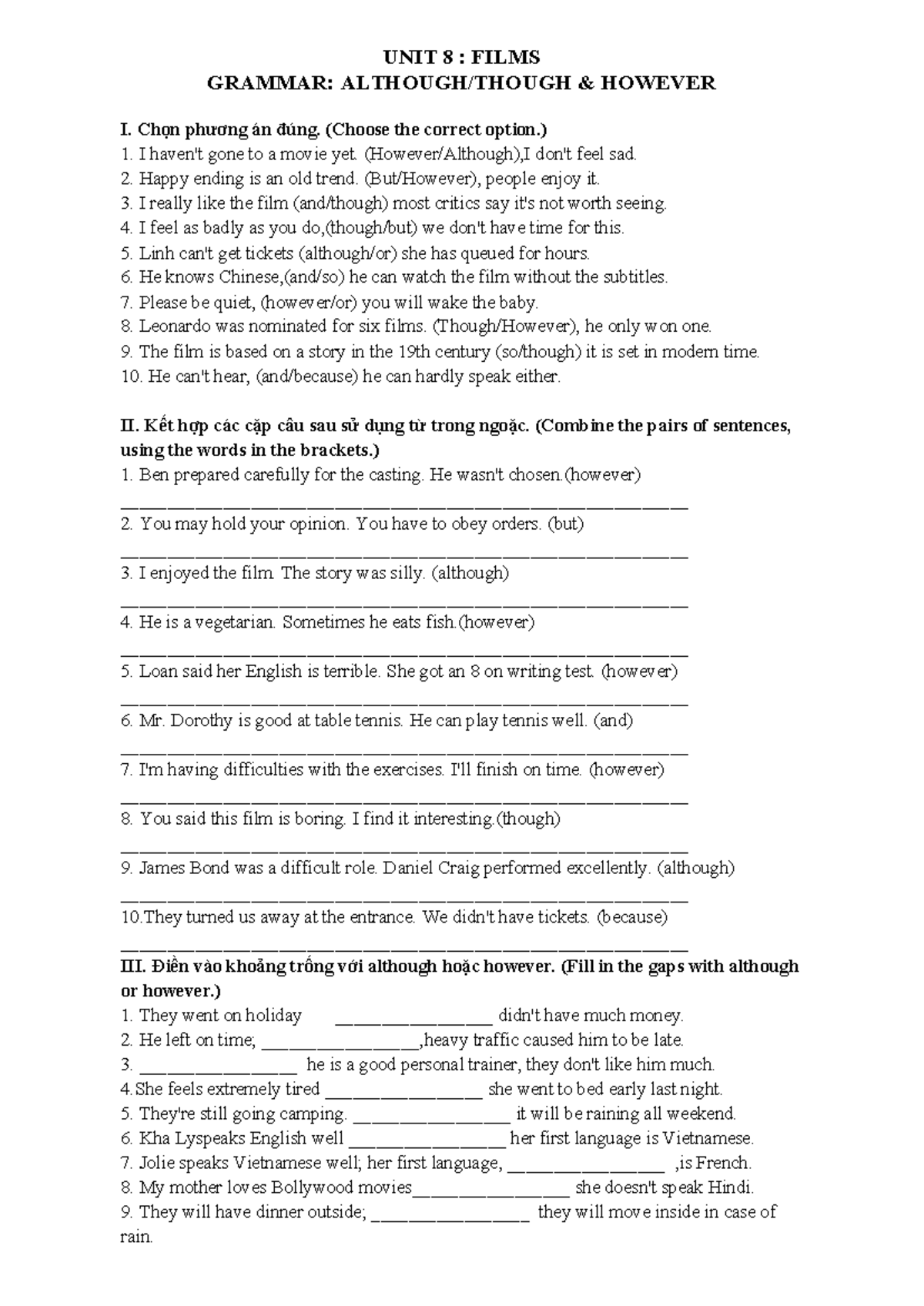 Grade 7: UNIT 8 - Films Grammar Exercises and Answers - Studocu