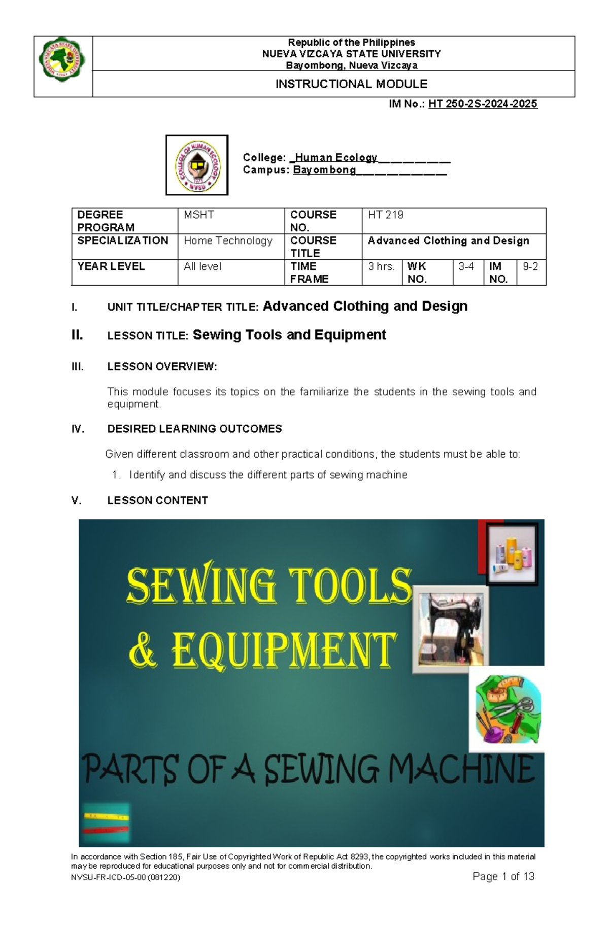 HT 250 Module 2: Sewing Tools and Equipment Overview - Studocu