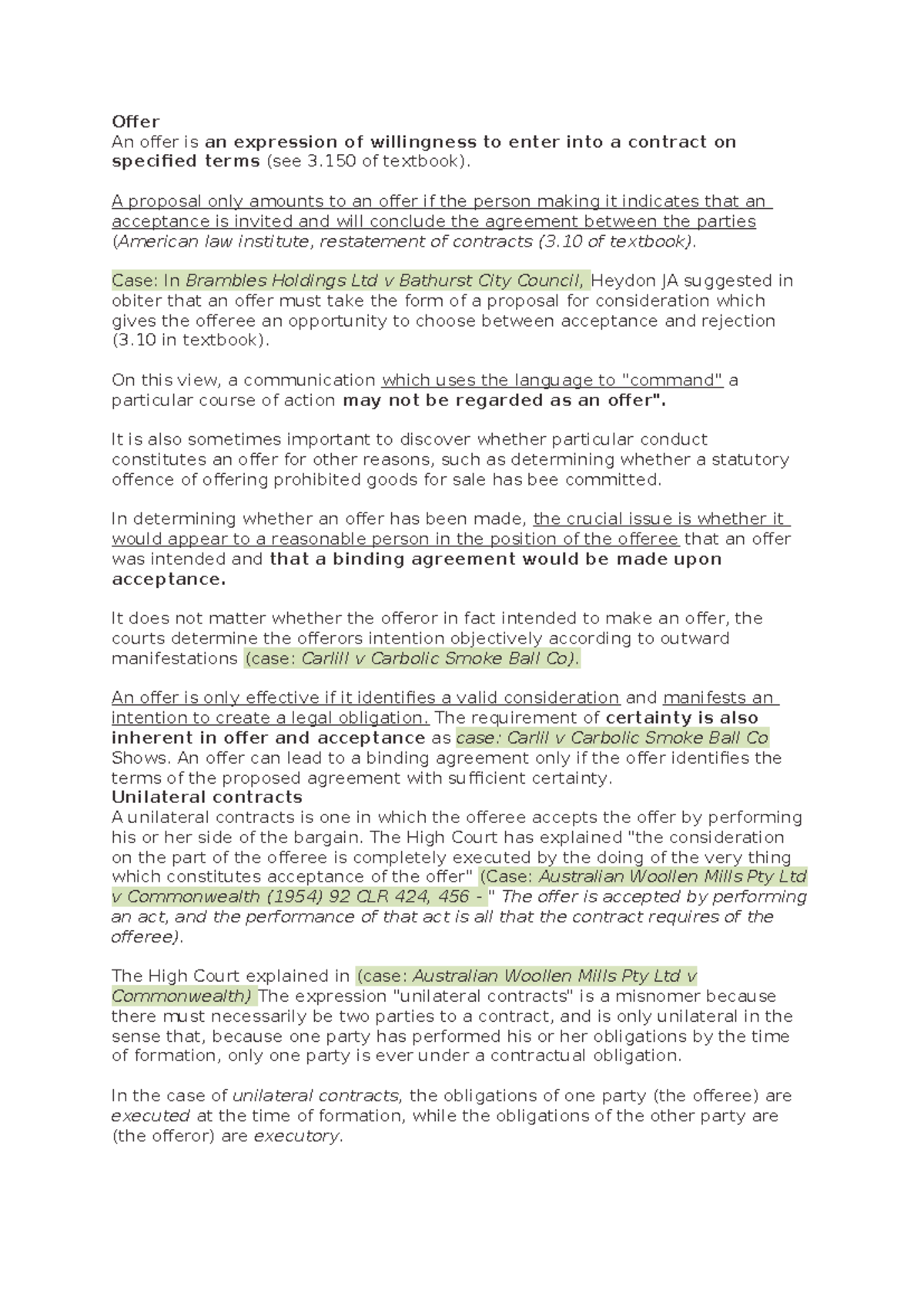 Contract Law (LAW 101): Offer and Acceptance Summary Notes - Studocu
