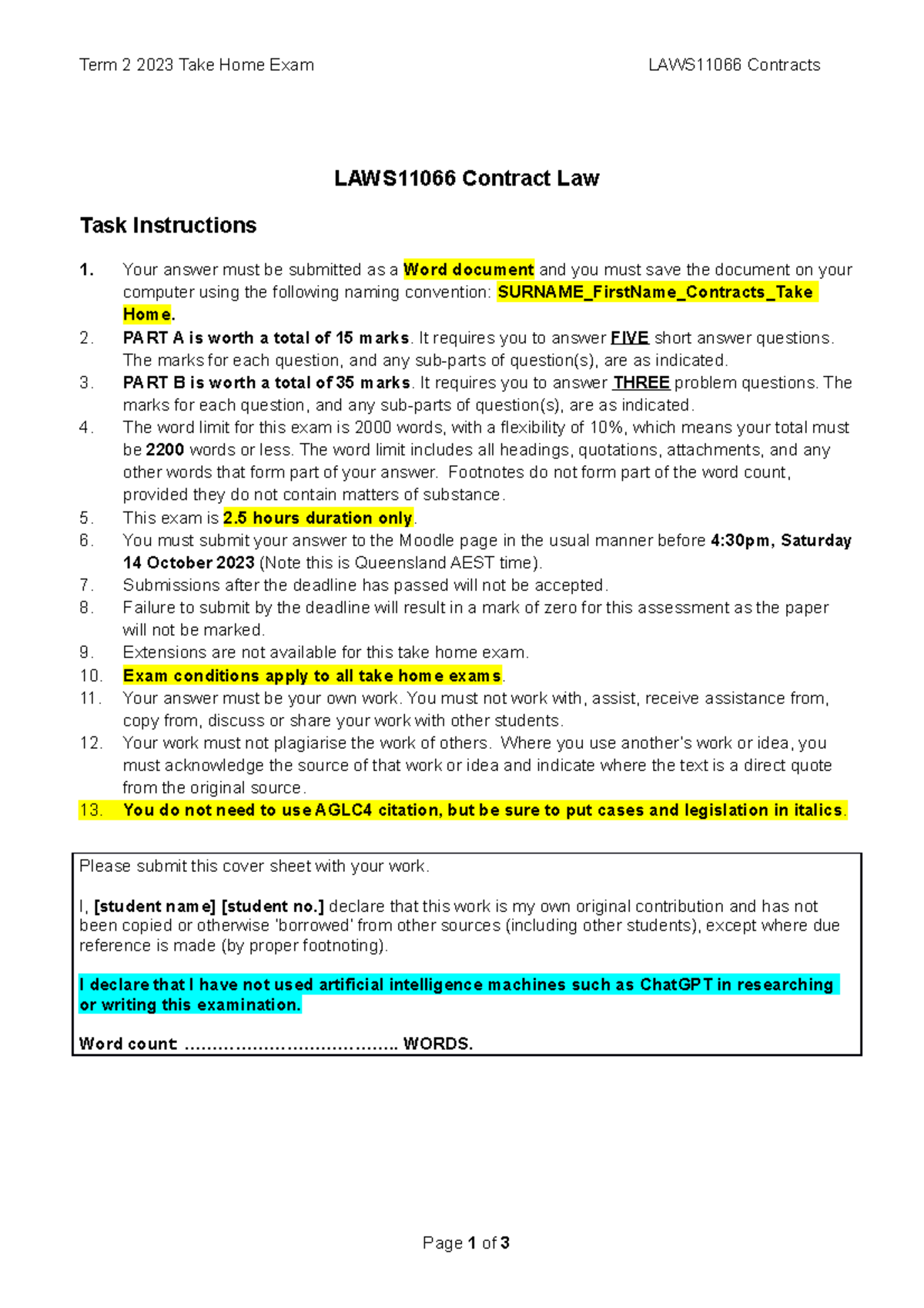 2023 T2 LAWS11066 Contract Law Take Home Exam Final Instructions - Studocu