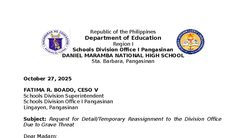 Request for Reassignment Due to Safety Concerns - DANIEL MARAMBA NHS ...