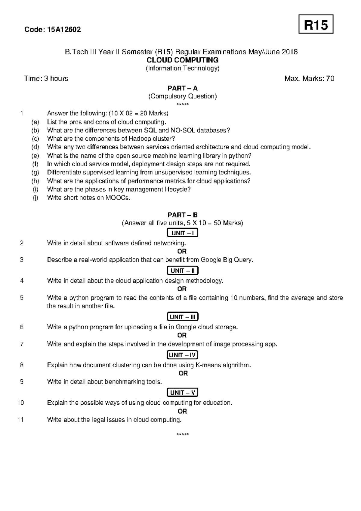 R15 B.Tech II Sem 2018 Cloud Computing Exam Paper (15A12602) - Studocu