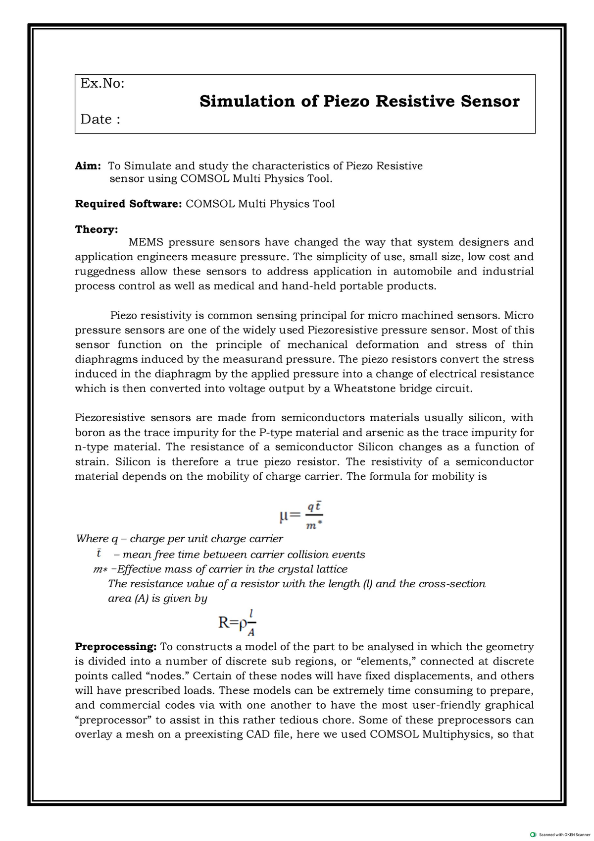 Ex.No: Simulation of Piezo Resistive Sensor Using COMSOL - Studocu