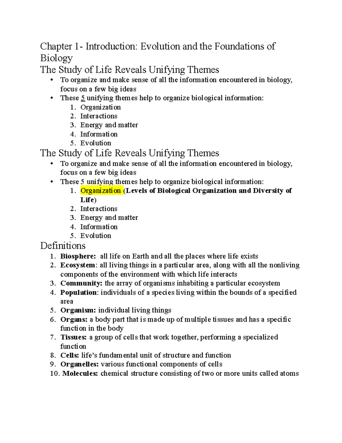 BIOL 101: Chapter 1 - Introduction to Biology and Evolution Notes - Studocu