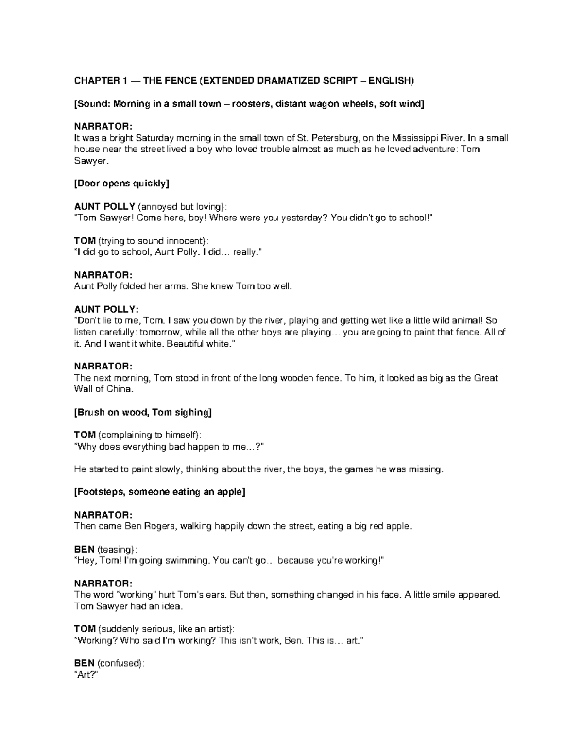 TOM SAWYER BILINGUAL DRAMATIZED SCRIPT: CHAPTER 1 & 2 - Studocu