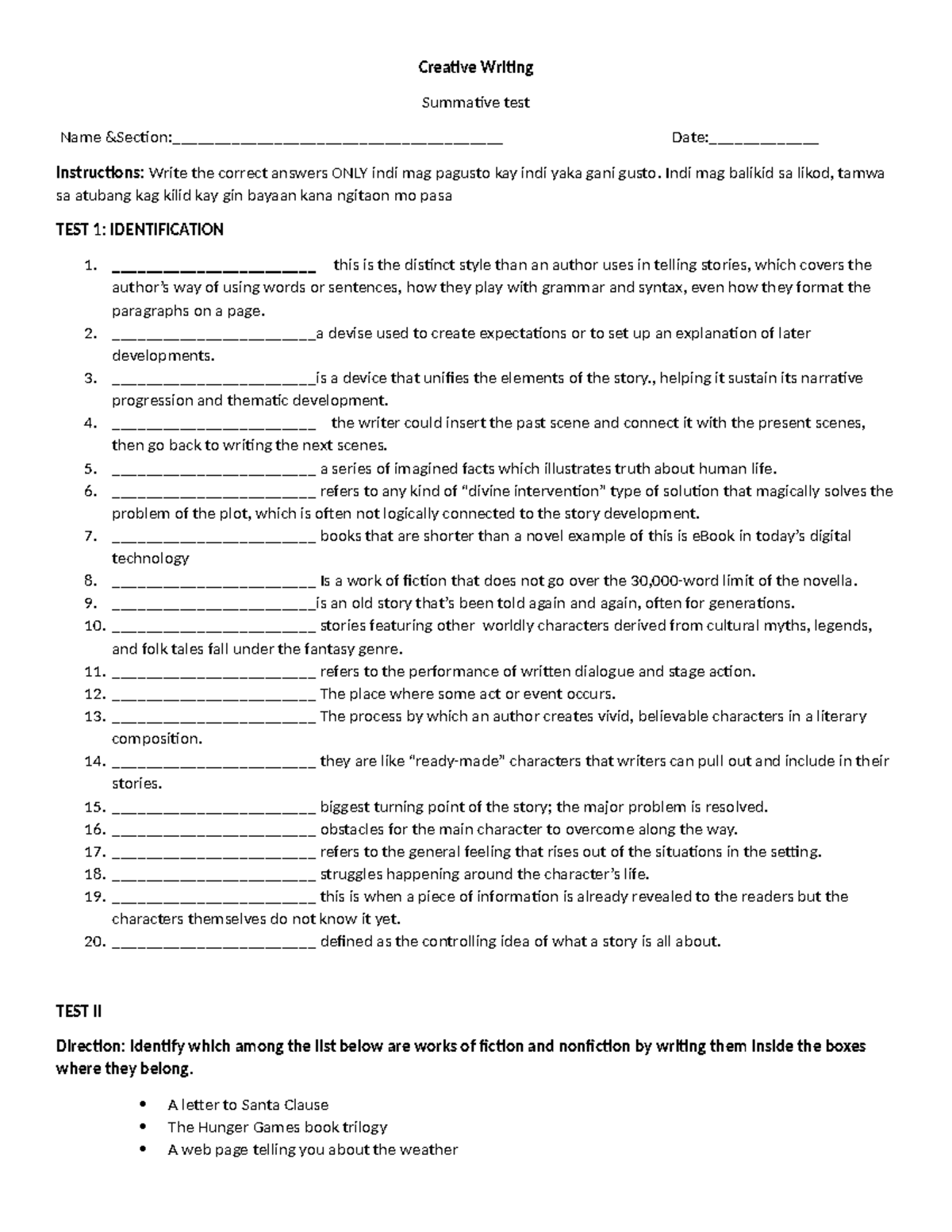 Summative TEST: Creative Writing Assessment Guide - Studocu