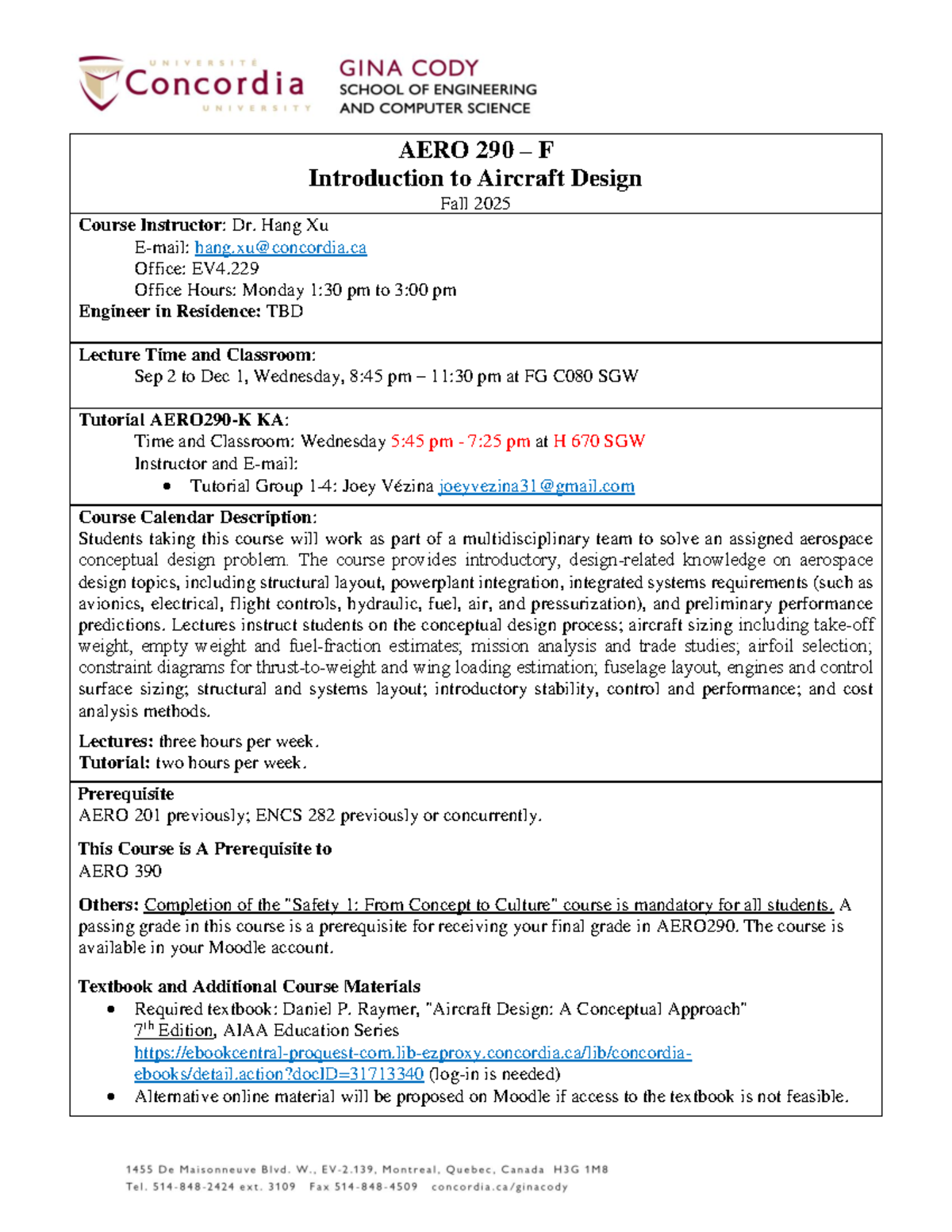 AERO 290 Course Outline: Introduction to Aircraft Design Fall 2025 ...