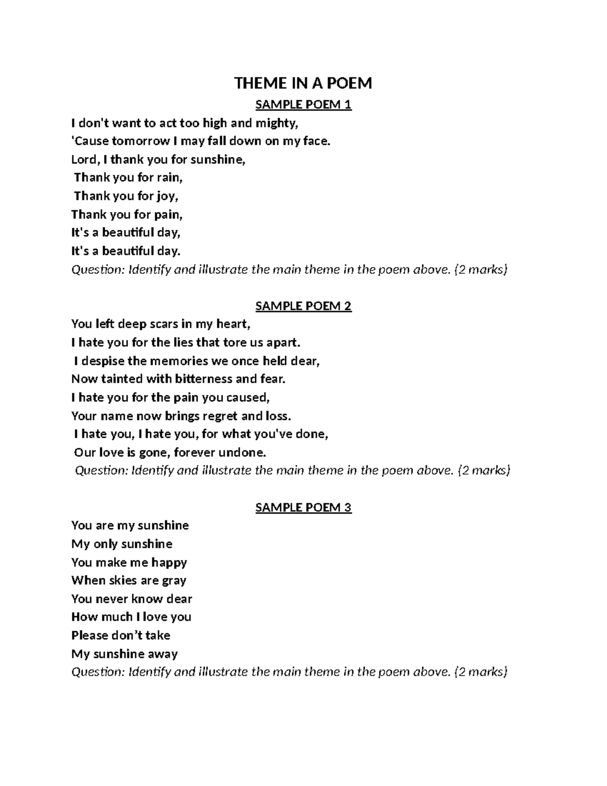 Theme in a Poem - Analysis of Sample Poems - Studocu