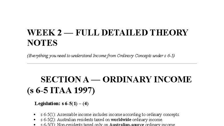 WEEK 2 - Detailed Theory & Exam Notes on Ordinary Income (ITAA 1997 ...