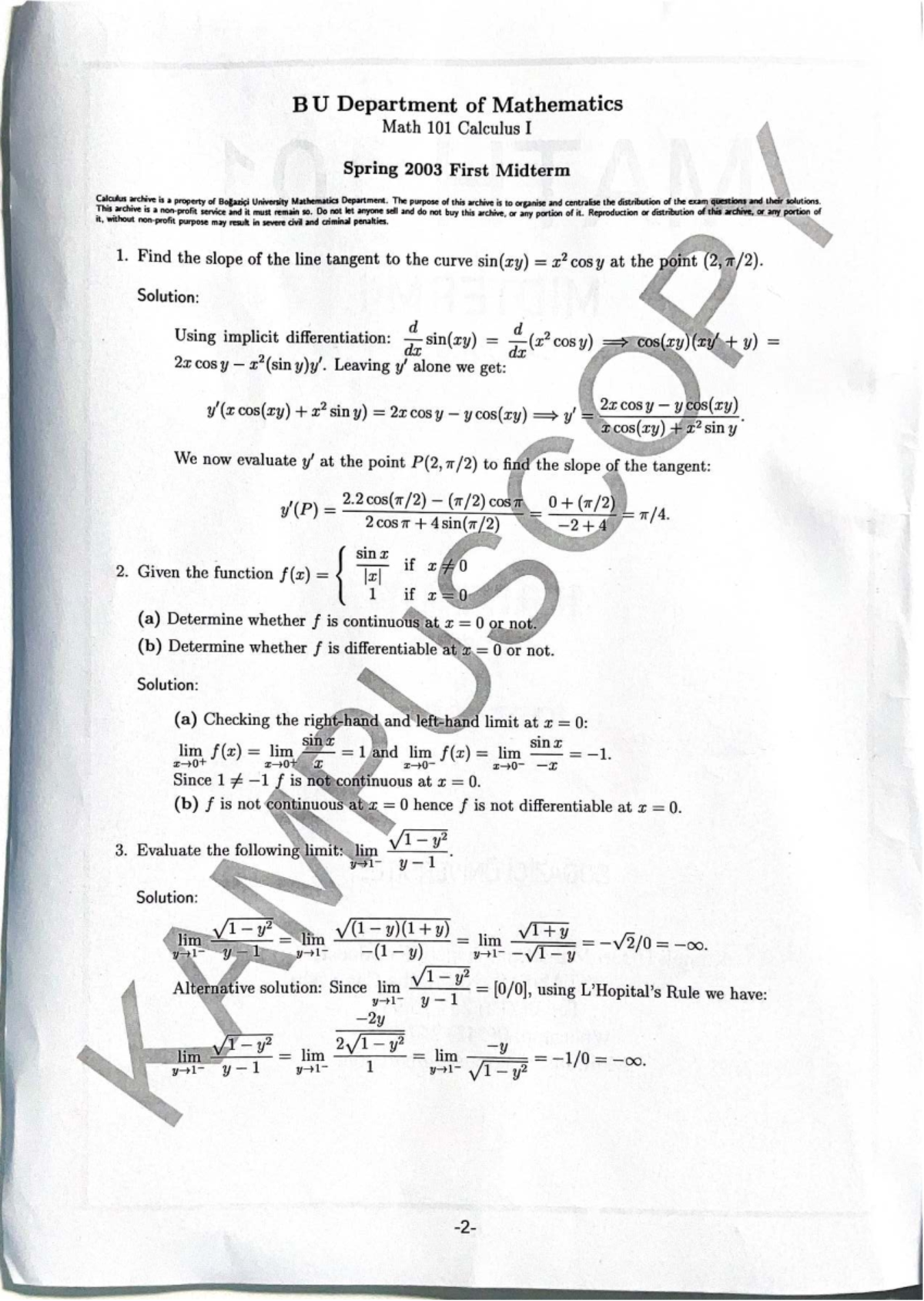 Math 101 Calculus I Spring 2003 First Midterm Exam Solutions - Studocu