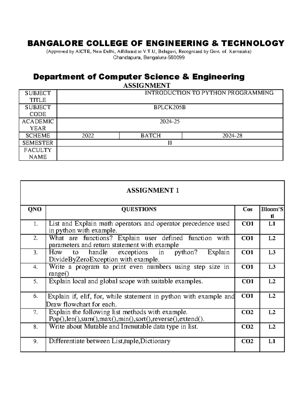 Python Assingnment 1 - Assignment questions - BANGALORE COLLEGE OF ...