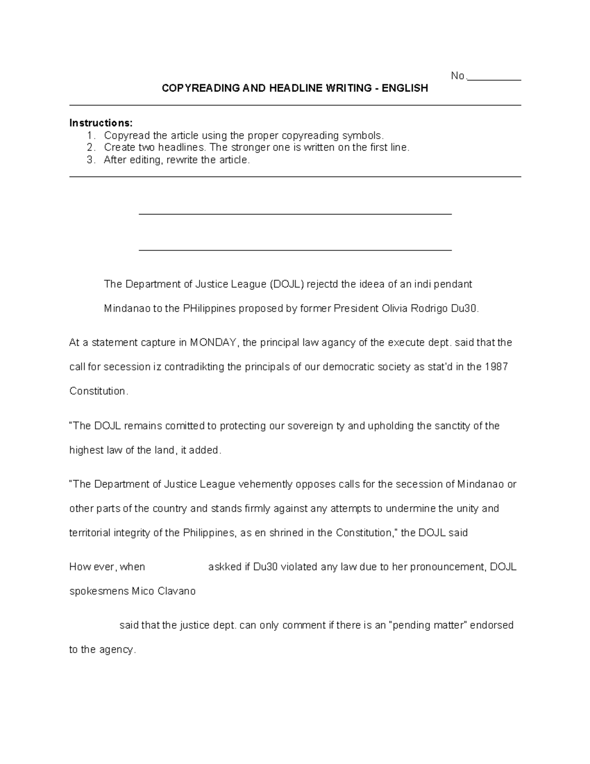 ENG 201: Copyreading and Headline Writing Assignment Instructions - Studocu