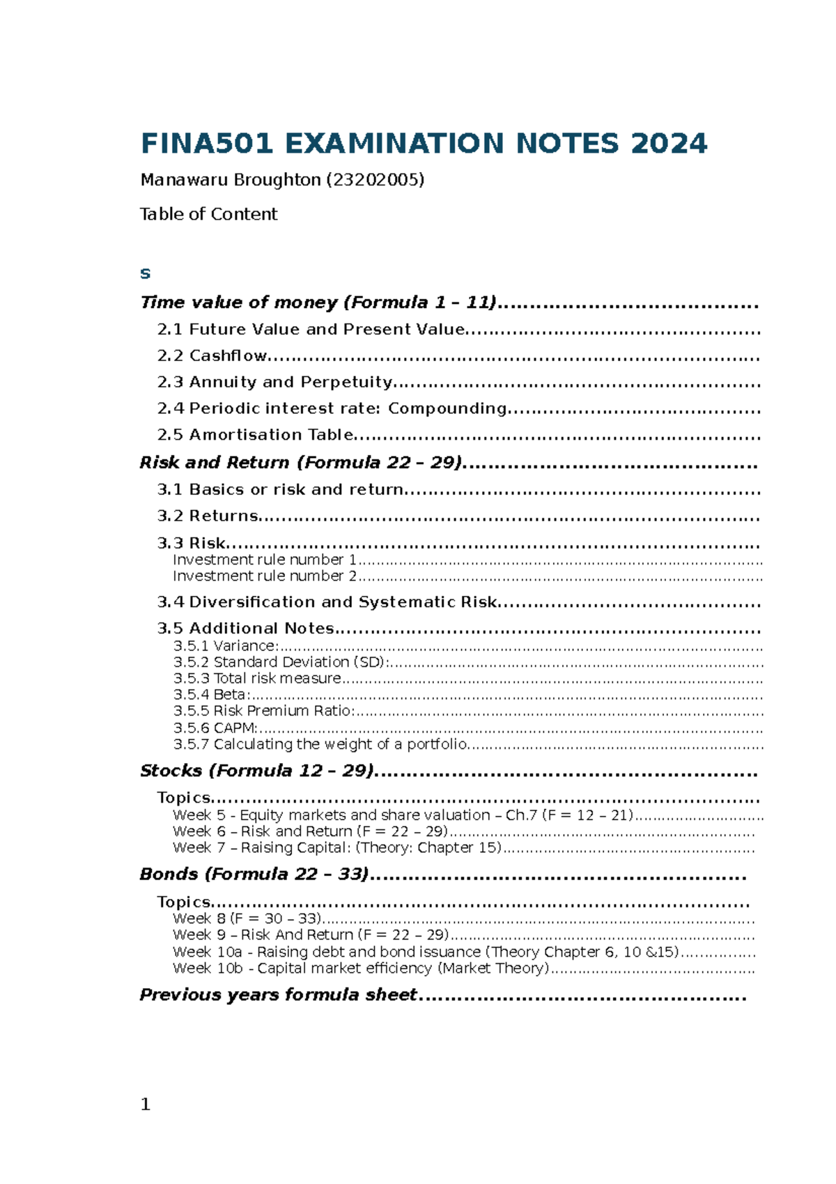 FINA501 - 2024 Examination Revision Notes by Manawaru Broughton - Studocu