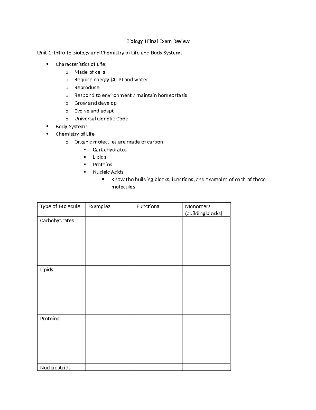 Biology I Final Exam Review: Key Concepts and Study Guide - Studocu