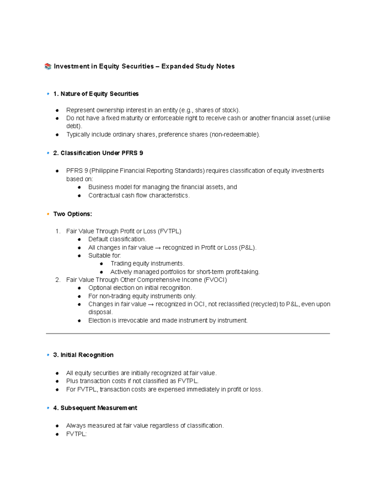 Investment in Equity Securities: Expanded Study Notes on PFRS 9 - Studocu