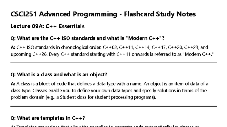 CSCI251 Advanced Programming Lecture 09A: Key Concepts & Review - Studocu