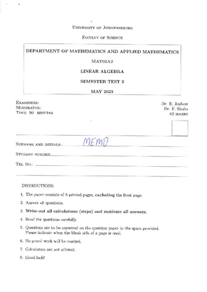 MAT02A2 SEMESTER TEST 2 MEMO MAY 2022 - LINEAR ALGEBRA SOLUTIONS - Studocu
