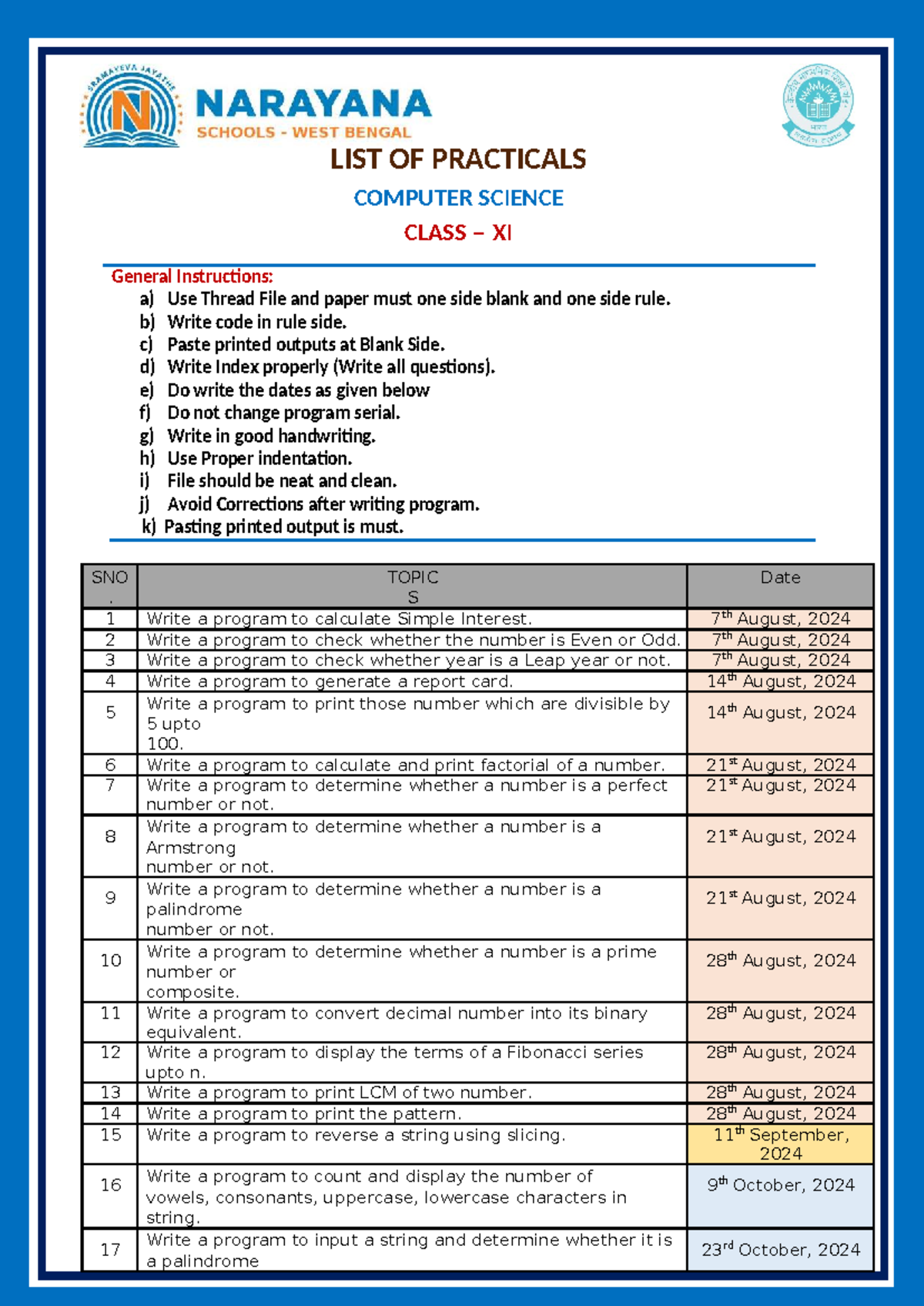 Computer Science - Class XI Practical Assignments List - Studocu