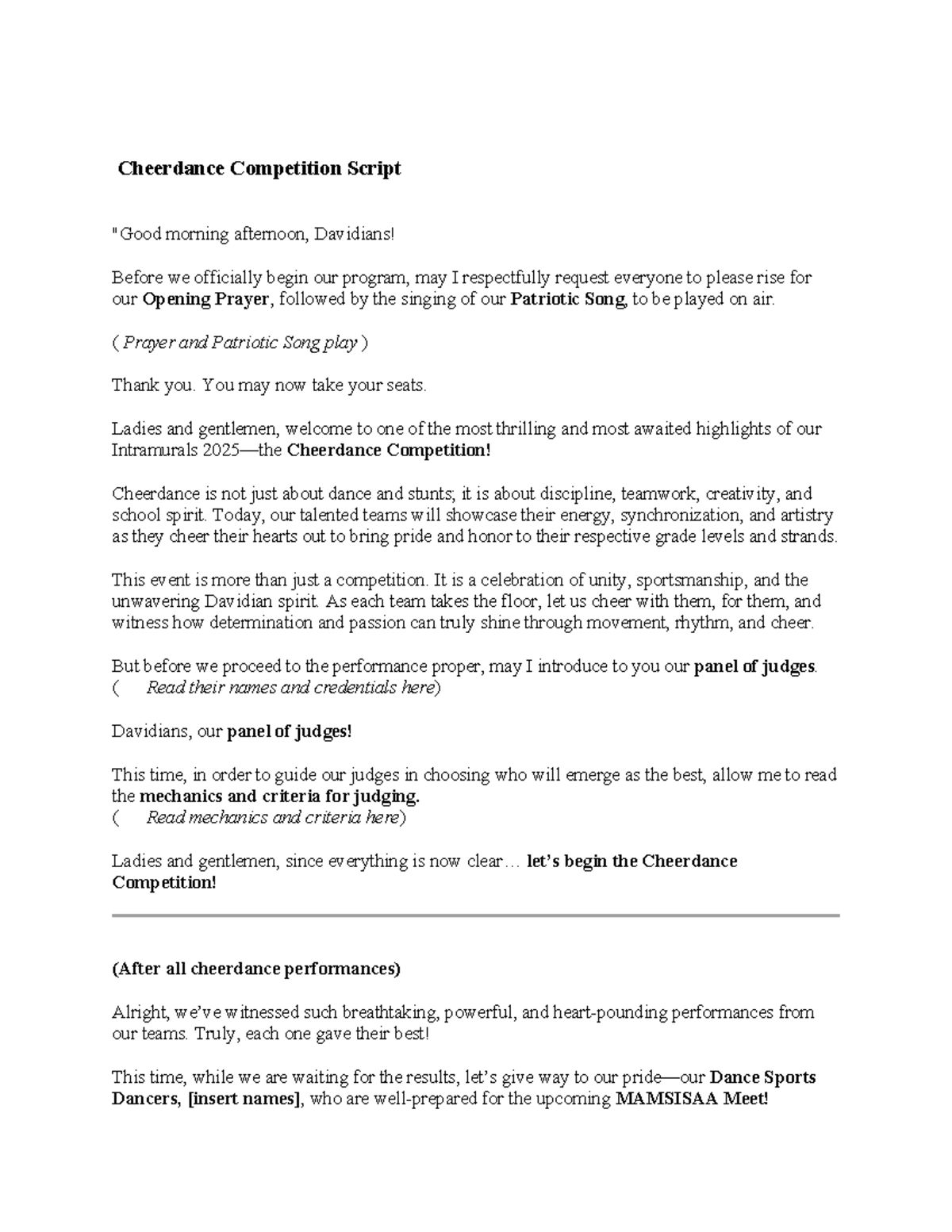 Cheerdance Competition Script: Morning & Afternoon Sessions - Studocu
