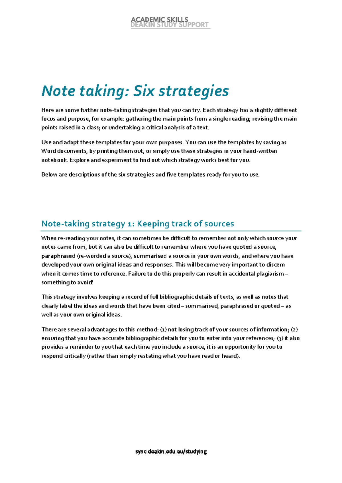 Six Effective Note-Taking Strategies | Deakin Study Support - Studocu