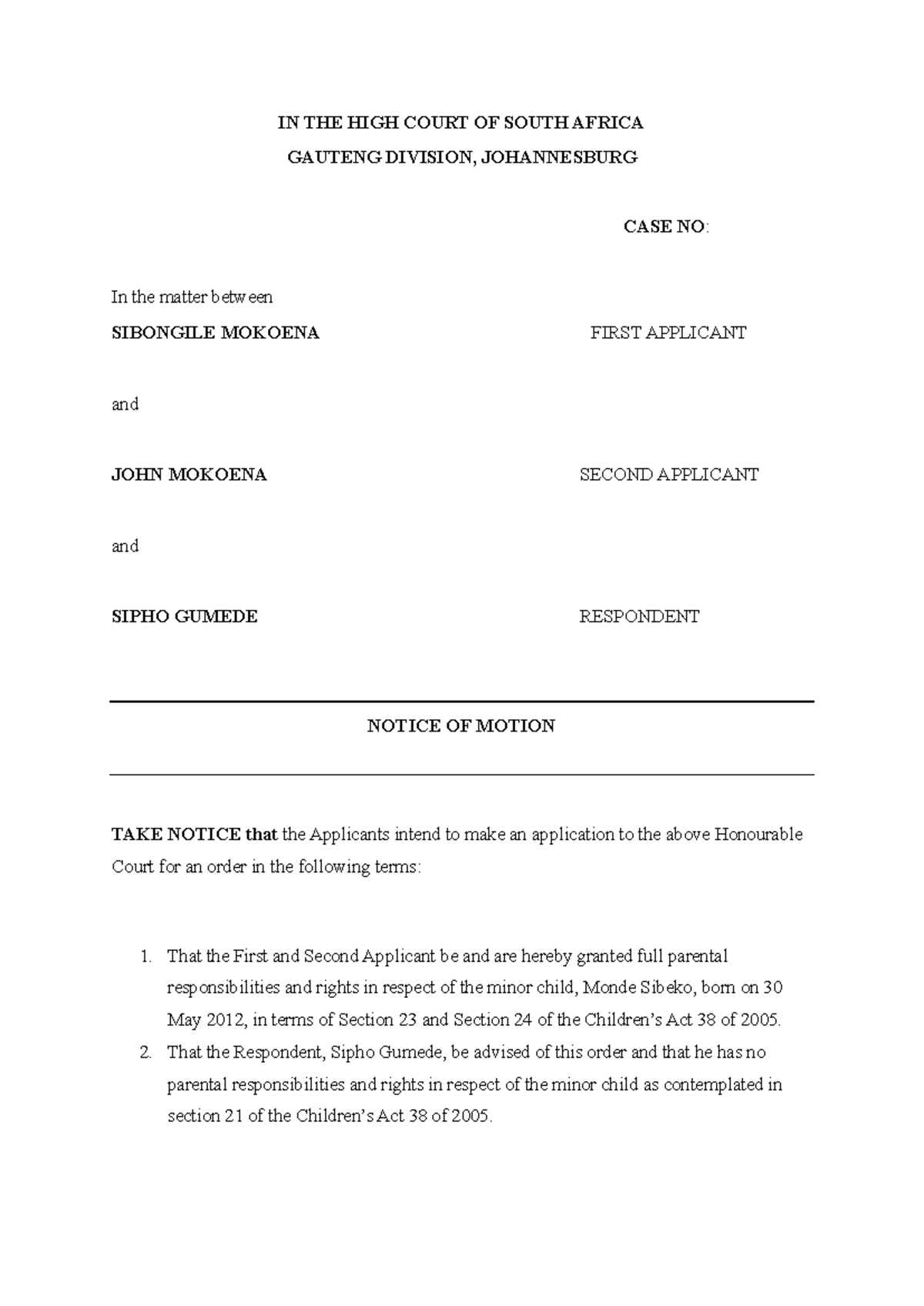 Notice of Motion: Parental Rights Application - Case No: [Insert Case ...