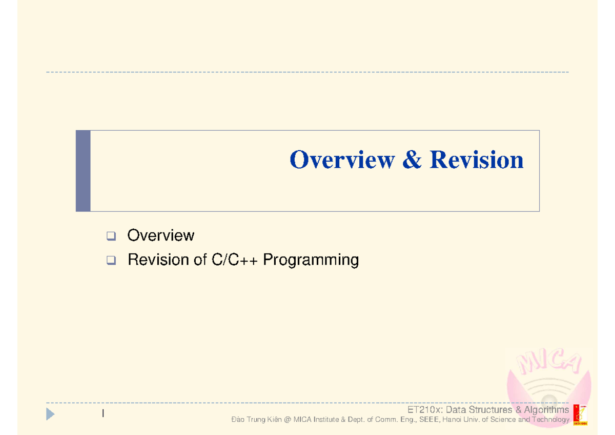 Overview and Revision of Programming 1 ET210x: Data Structures ...