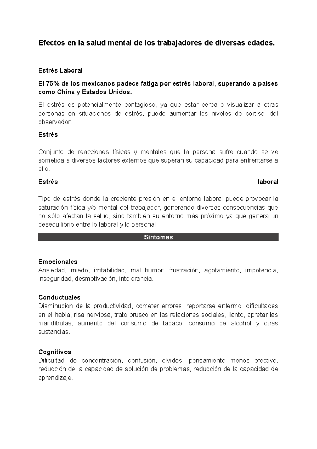 Efectos del Estrés Laboral en la Salud Mental de Trabajadores - Studocu