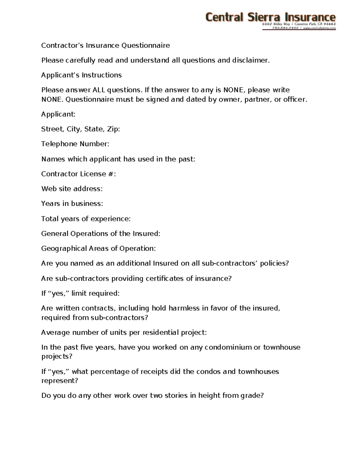 Insurance Questionnaire for Contractors: Complete Instructions and ...