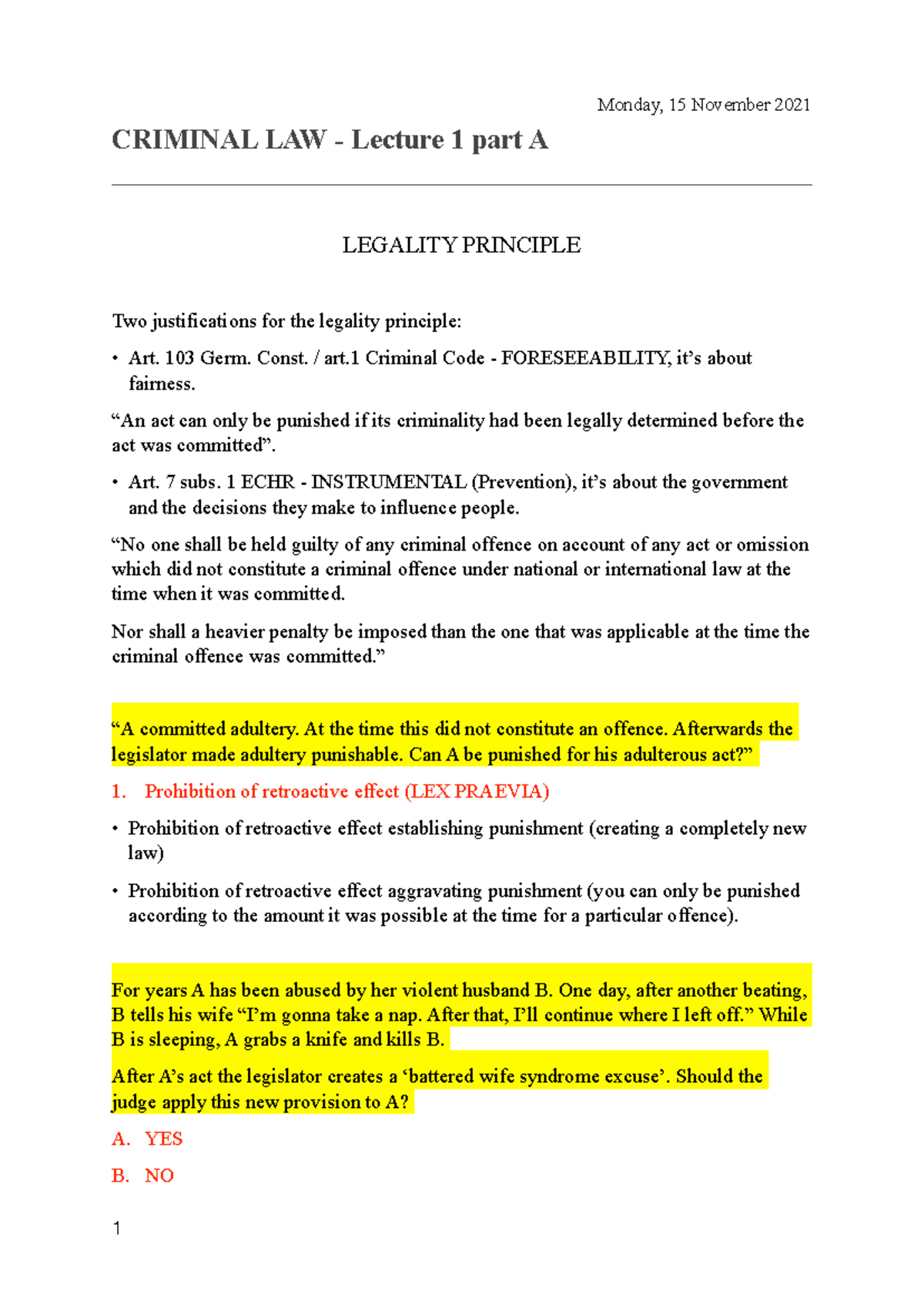 Criminal Law - Lecture 1: Legality Principle and Theories of Punishment ...