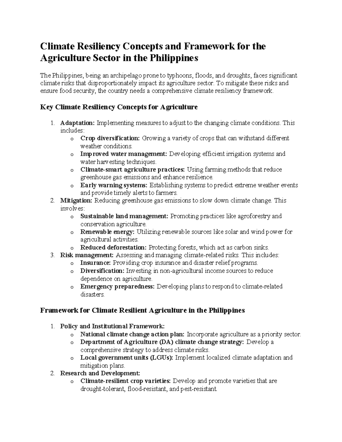 Framework for Climate Resiliency in Agriculture (AGRI 101) in the ...
