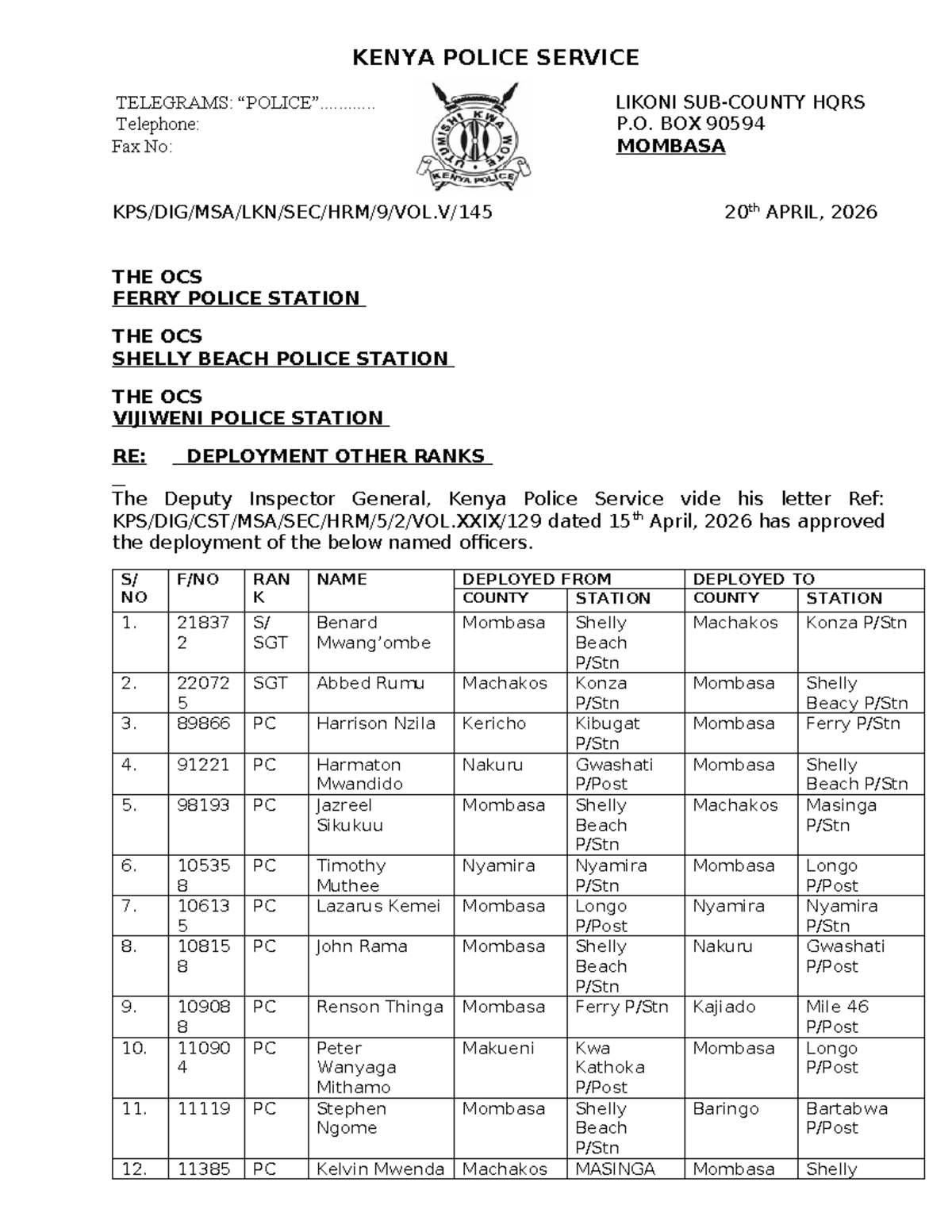 KENYA POLICE SERVICE DEPLOYMENT OF OTHER RANKS - 20 APRIL 2026 - Studocu