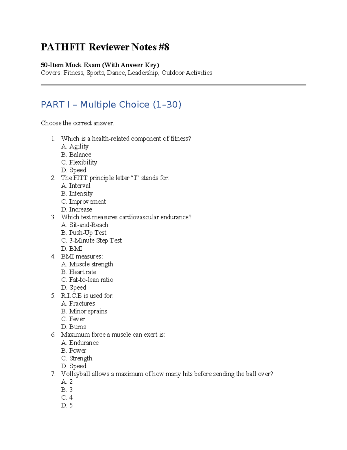 PATHFIT Mock Exam Reviewer Notes with Answer Key - Studocu