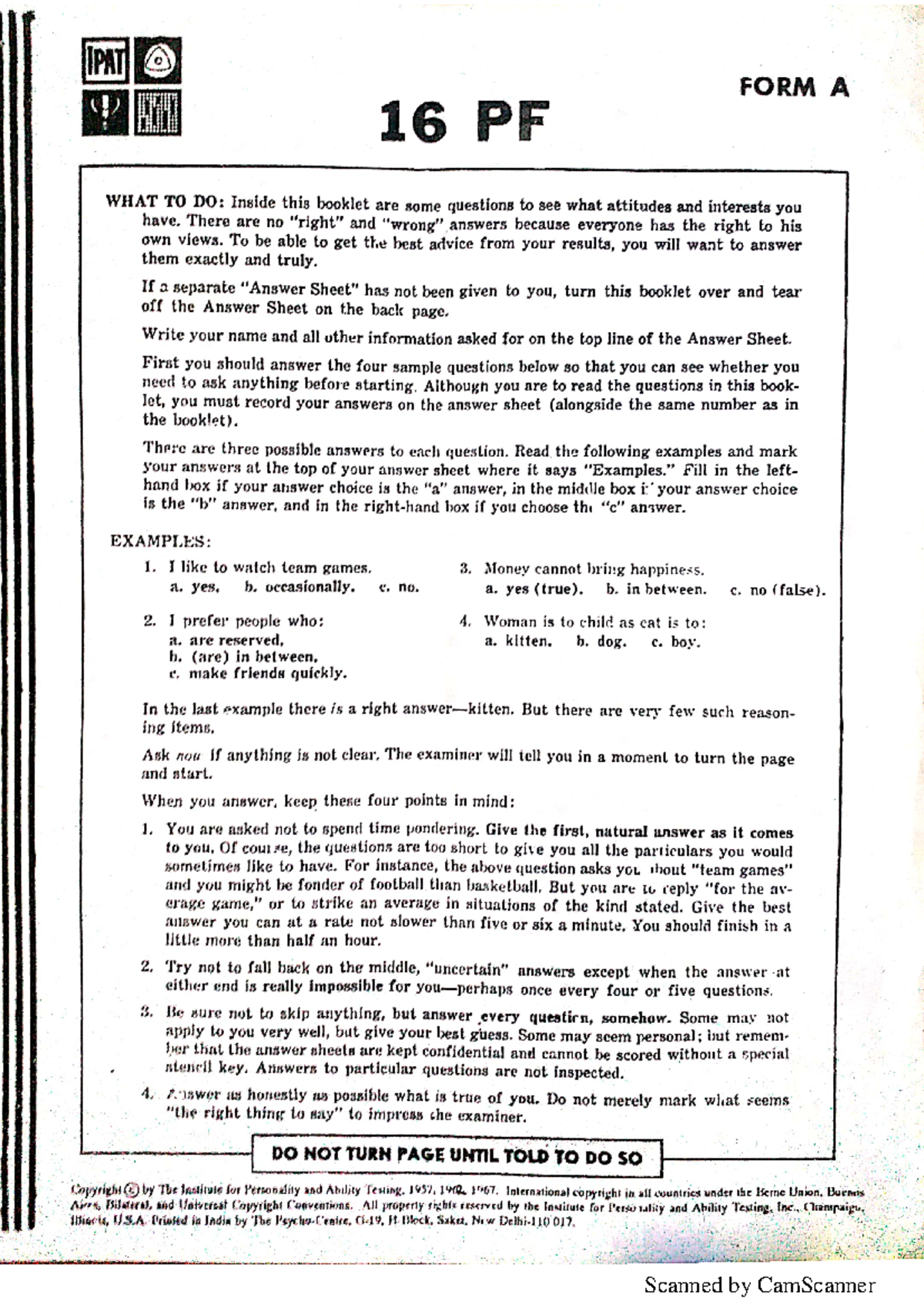 16PF questionnaire - Inventory - IPAT FORM A 16 PF WHAT TO DO: Inside ...