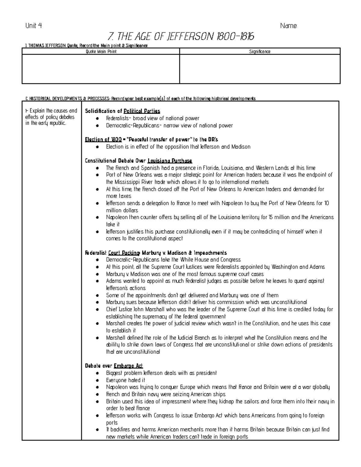 Ch. 7 Amsco Reading Guide - Unit 4 Name: 7. THE AGE OF JEFFERSON 1800 ...