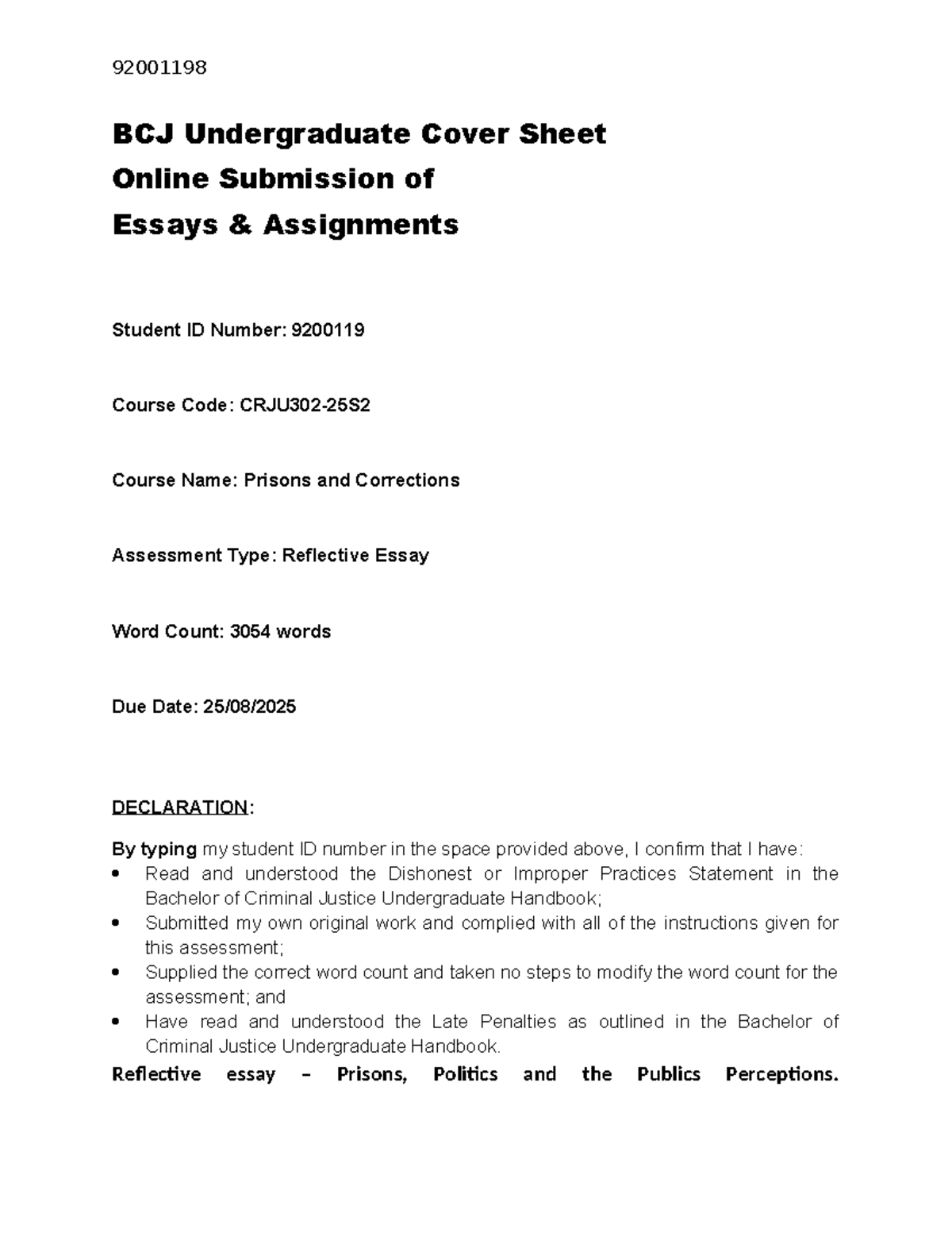 92001198 CRJU302 Reflective Essay on Prisons and Corrections Issues ...