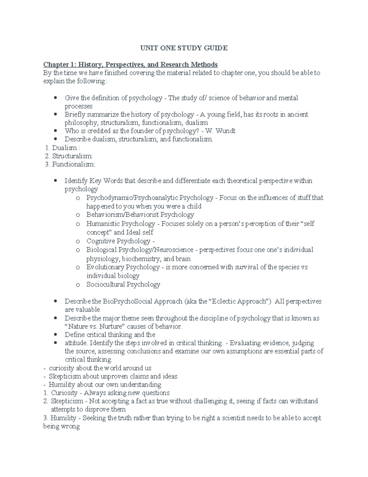 Unit 1 Study Guide PSY 101: Spring 2024 Final Exam Review - Studocu