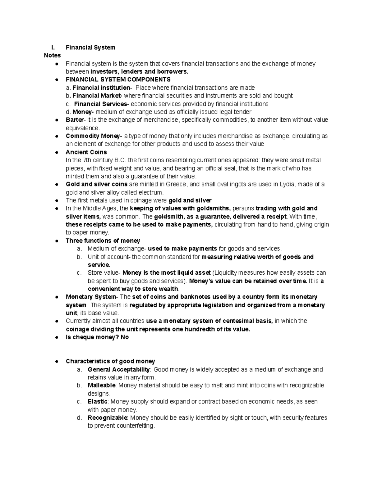 Rev bank prelim - I. Financial System Notes Financial system is the ...