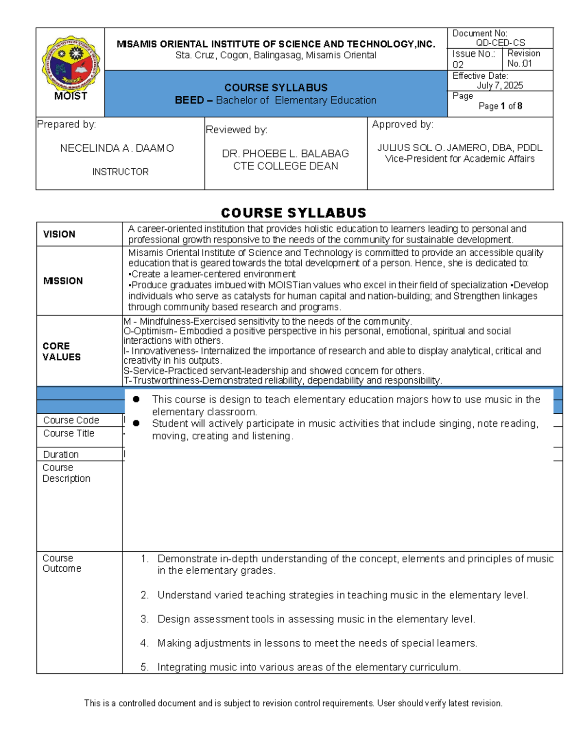 BEED Music 1 Syllabus (MU 1) - Teaching Music in Elementary Education ...